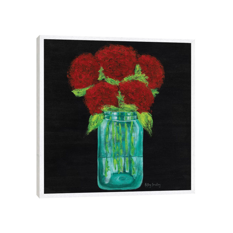 Red Hydrangeas In Mason Jar by Ashley Bradley - Print on Canvas, White Framed, 66.04 cm H x 66.04 cm W