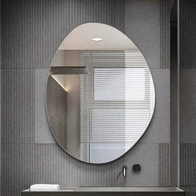 Miroir mural irrégulier sans cadre en forme d'œuf, miroir de salle de bain asymétrique en forme de nuage organique, miroir de décoration argenté biseauté pour salle de bain