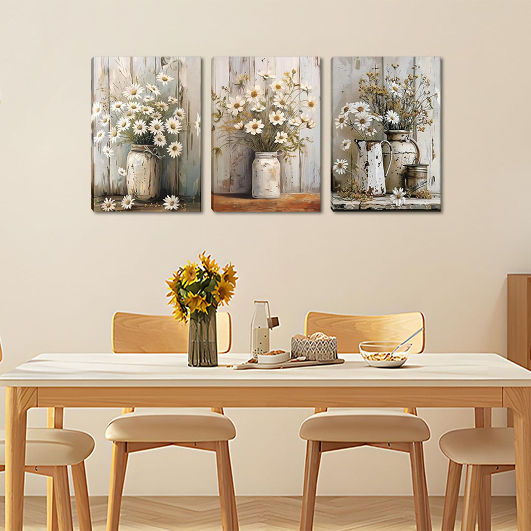 Daisy Bathroom Canvas Wall Art Set Of 3, Vintage Rustic Farmhouse Wall Decor Paintings, Living Room Floral Posters Prints Pictures For Bathroom Bedroo