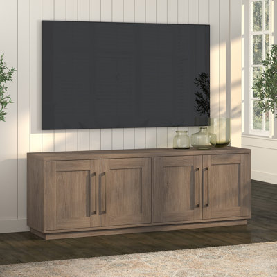 Tillman TV Stand for TVs up to 75" in Antiqued Gray Oak with Storage, Adjustable Shelves & Cable Management — Transitional Media Console with Brass Hardware for Living Room