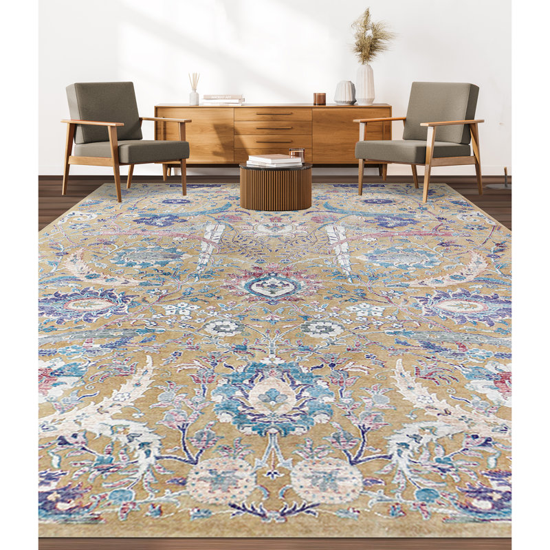 Hand-Knotted High-Quality Camel and Multi-Colored Area Rug, Rectangle 9' x 12'