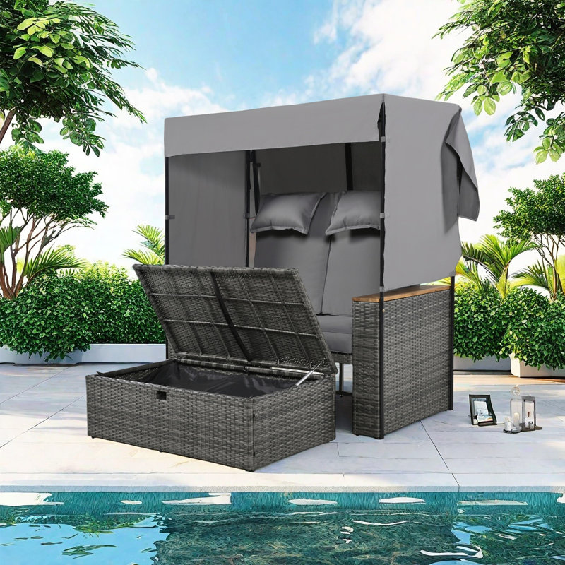 Lit de jour d'extérieur en rotin avec auvent, dossier réglable, coussins et coussins, sièges combinés gratuits pour le jardin, le patio, le bord de la piscine, avec banc de rangement et fonction d'inclinaison
