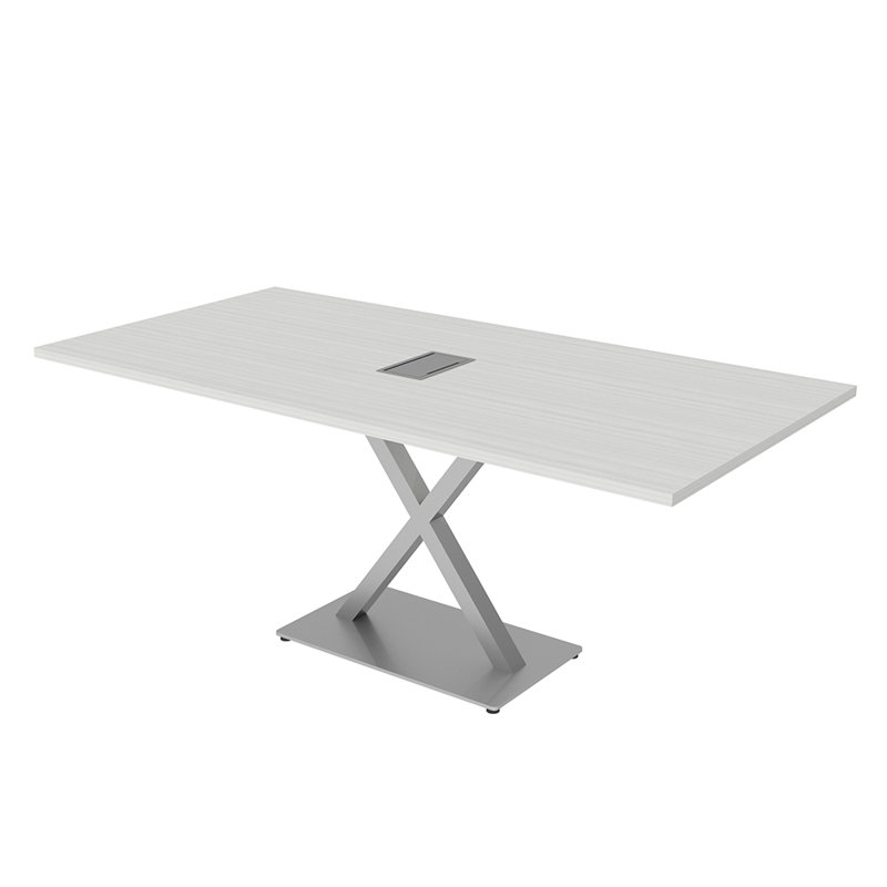 Table de conférence rectangulaire avec base en X en métal | Unité électrique, Cyprès blanc, L 144 po x l 48 po, Argent argent