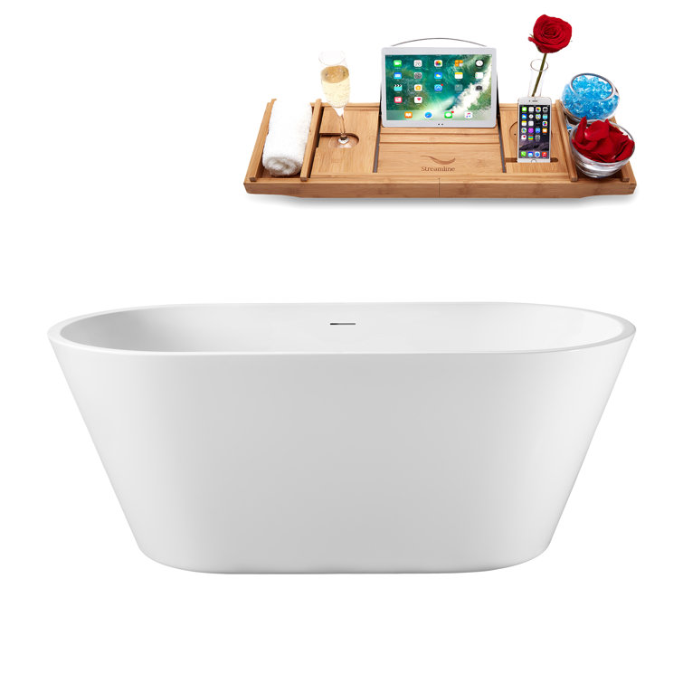 59" Streamline Soaking Glossy White Freestanding Tub and Tray With Internal Drain