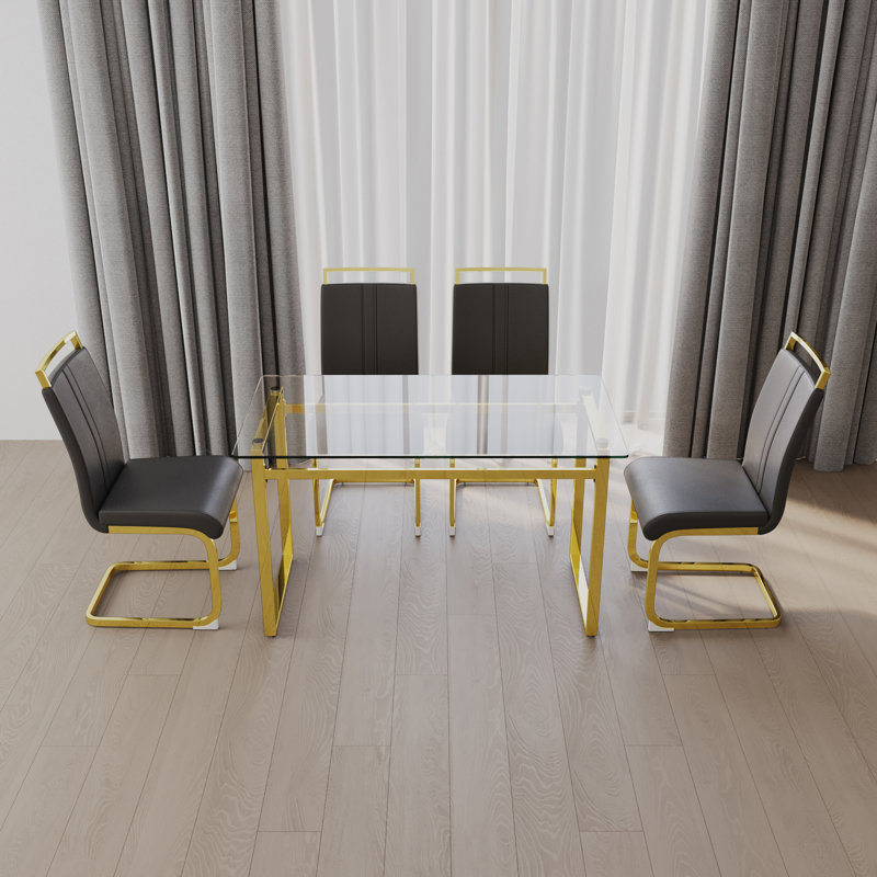 Ensemble de table de salle à manger en verre 51 pouces pour 4 personnes, ensembles de table et chaises avec pieds dorés pour la cuisine, plateau de table rectangulaire moderne en verre trempé et chaise de salle à manger en polyuréthane sans accoudoirs pour la salle à manger