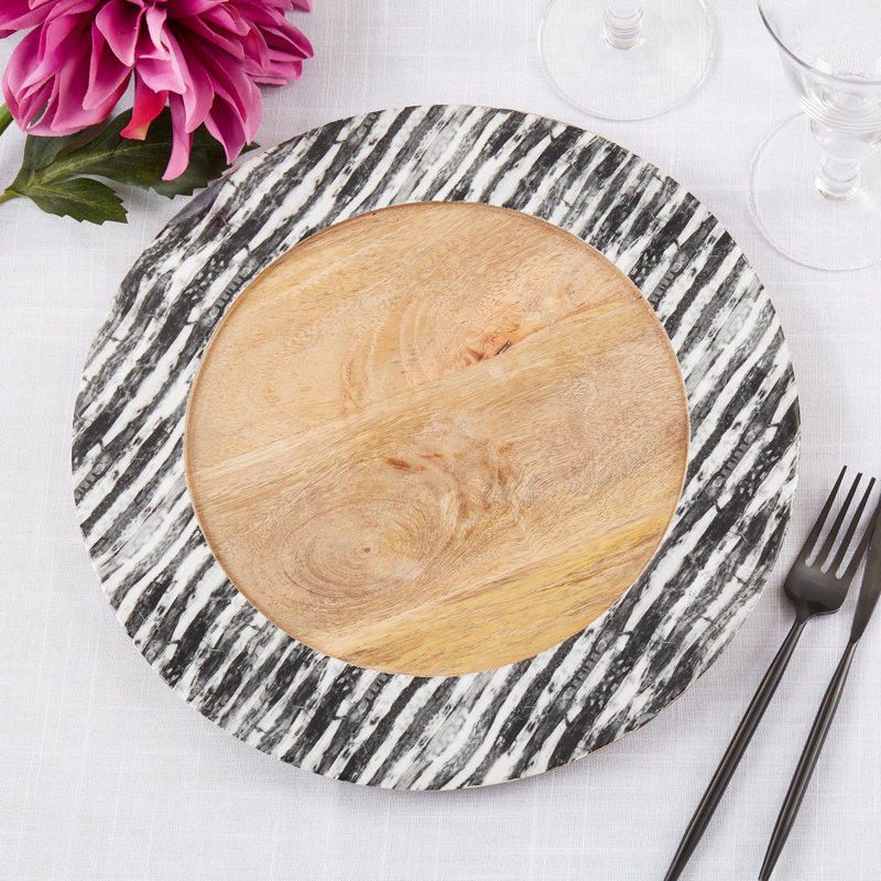 Black and Natural Mango Wood Stripe Rim Table Chargers, Set of 4