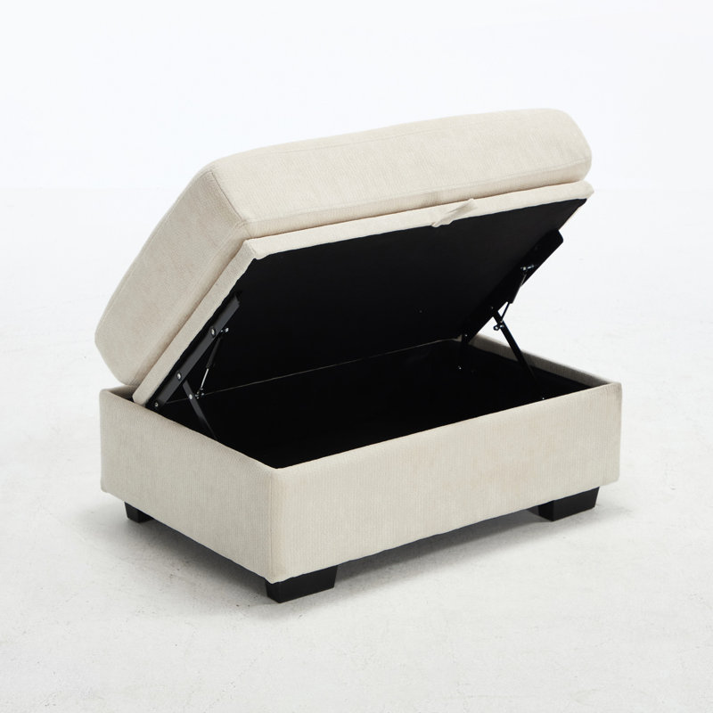 Chenille en forme de L beige 4 chenilles avec double charge, 2 poches latérales et banc de rangement - un mélange de fonctionnalité et de style.
