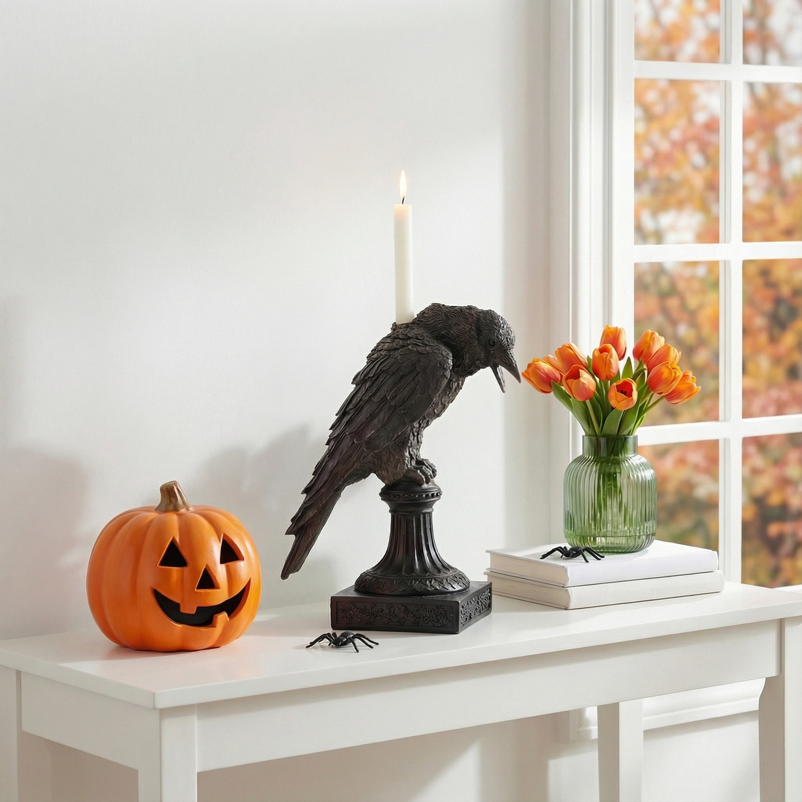 12" Resin Black Raven Candle Holder