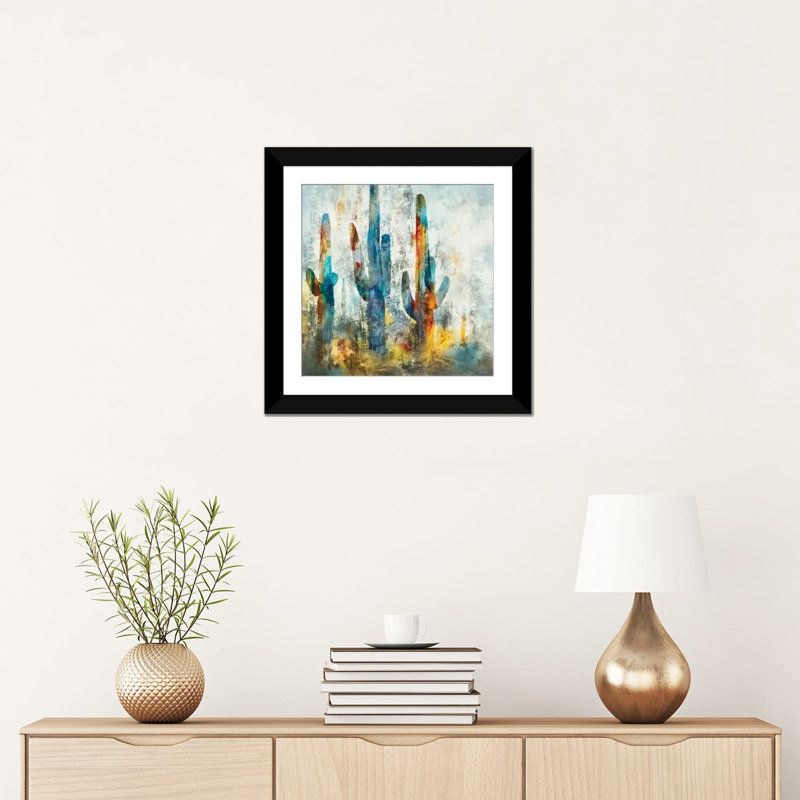 «Saguaro Forest» encadré par Scott Brems, Papier encadré dans un cadre noir, H 16 po x l 16 po x P 1 po, Oui