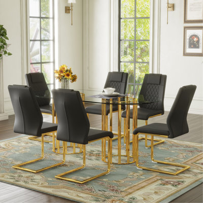 Table and chair set.71 inch oval tempered glass dining table, gold double column light luxury style,Black High-quality PU Chairs With Golden Arched Metal Legs, Modern Table & 6 Seater Furniture Set.