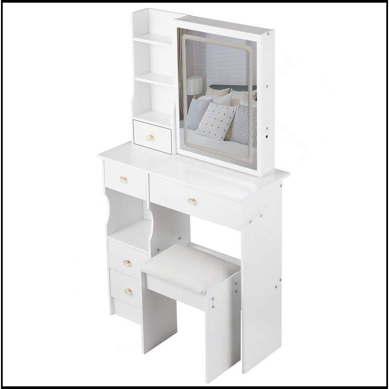 Petit meuble-lavabo de 29,2 po avec tabouret de bureau et tabouret rembourré à gauche 29,5 po, grande commande tactile, interrupteur tricolore, miroir à luminosité réglable, rangement à grande capacité, convient aux petits espaces
