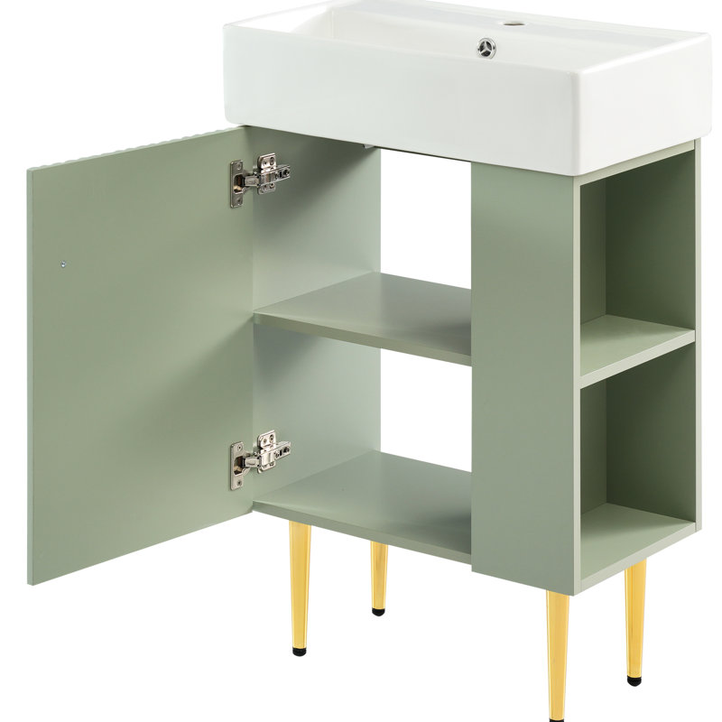 Armoire de salle de bain 21,6 po avec lavabo en céramique et grand meuble-lavabo ergonomique 21,6 po, Vert