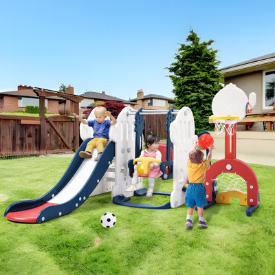 Ensemble de glissade et de balançoire pour tout-petits 7 en 1, grimpeur extra long pour enfants de 1 à 3 ans de 76,4 po, ensemble de jeu intérieur et extérieur avec balançoire réglable et panier de basketball, jeu de soccer et de lancer, bleu