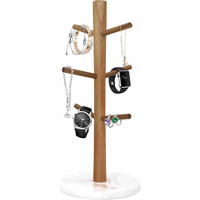 Wood Mug Holder, Marble Base Cup Rack Tree, Mug Stand Hanger, Kitchen Coffee Tree Countertop Tea Holder Stand, Coffee Cup Dryer With 6 Hooks (Round Base White)