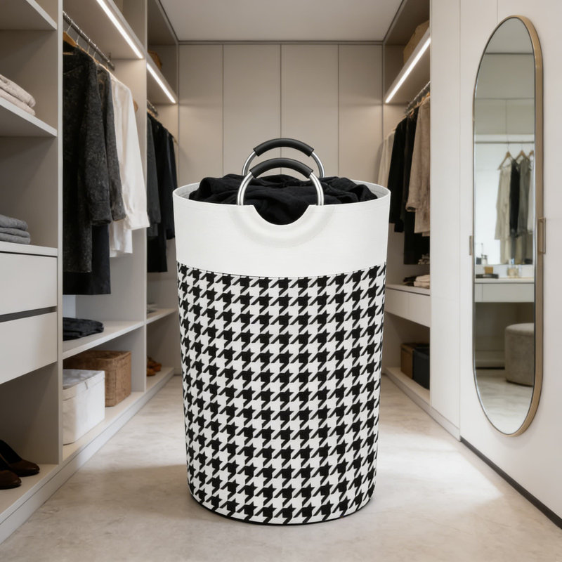Houndstooth Pattern Large Capacity Storage Bin With Aluminum Handles, Foldable Fabric Laundry Hamper For Home, Office, Dorm - Multi-Purpose Organizer (115L)