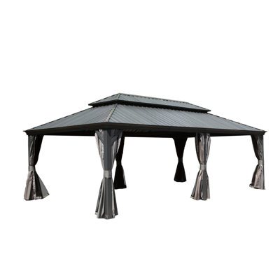 Gazebo With Galvanized Steel Roof, 14X22ft, Grey - Aluminum Frame, Built-In Gutter, Curtain And Netting For Patio Garden 14X22ft Double Roof & Gutter System,