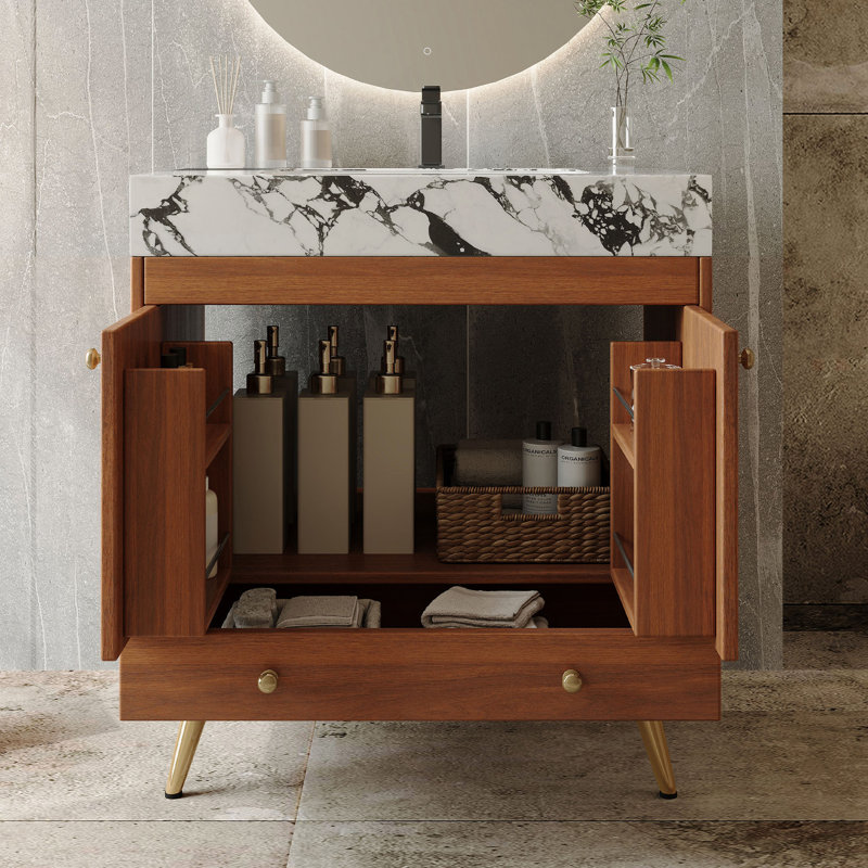 Meuble-lavabo autoportant avec comptoir en faux marbre et lavabo en céramique, armoire de rangement à double porte de 30 po, bois d'ingénierie imperméable, pieds dorés