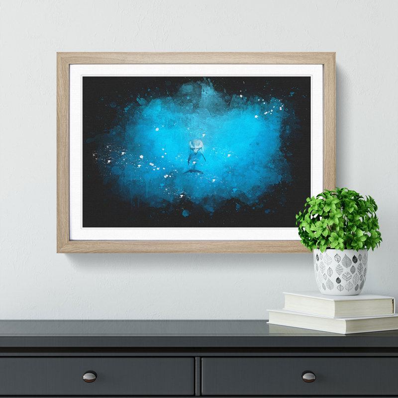 Lone Dolphin Paint Splash - Picture Frame Graphic Art, Oak Framed, 45cm H x 63cm W x 2cm D