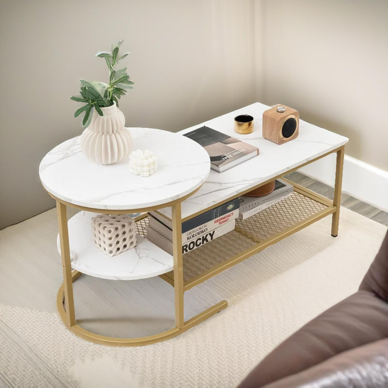 Bastidas 2 Piece Nest of Tables Coffee End Side Table Living Room, Gold/White
