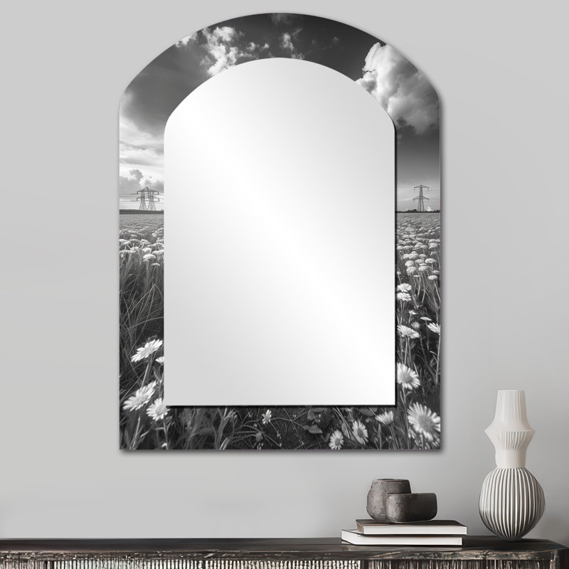 Monochrome Grey Power Plant Tower - Grey Arch Wall Mirror Decor, 34" x 25"
