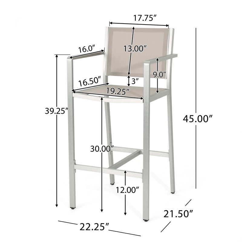 Tabourets de bar extérieurs, structure en aluminium argenté antirouille avec assise en filet gris, design durable et élégant, ensemble de 2, argent
