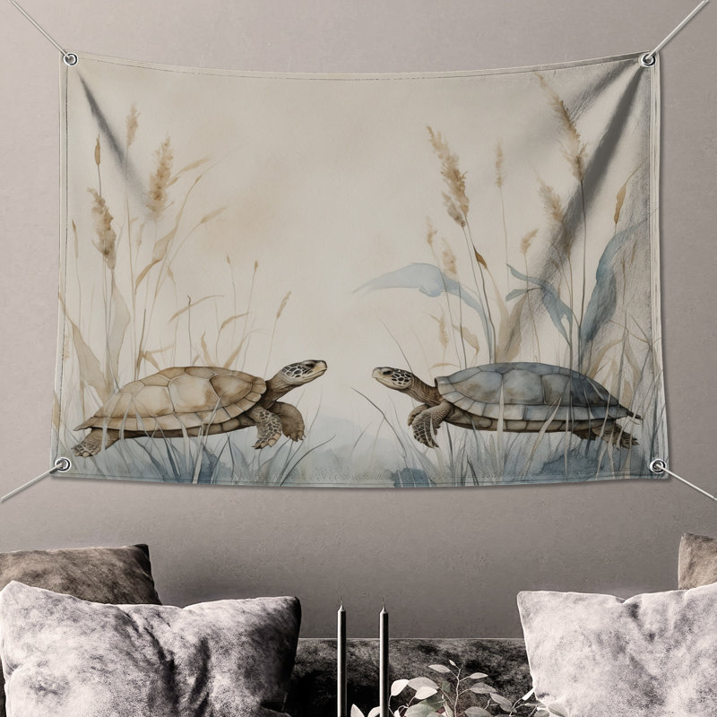 Tapisserie «Tortues dans l'herbe» - Décoration murale tortues, H 104 po x 88 avec 4 œillets