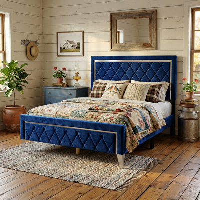 81.5" L Bright Blue Upholstered Bed With Soft High Headboard