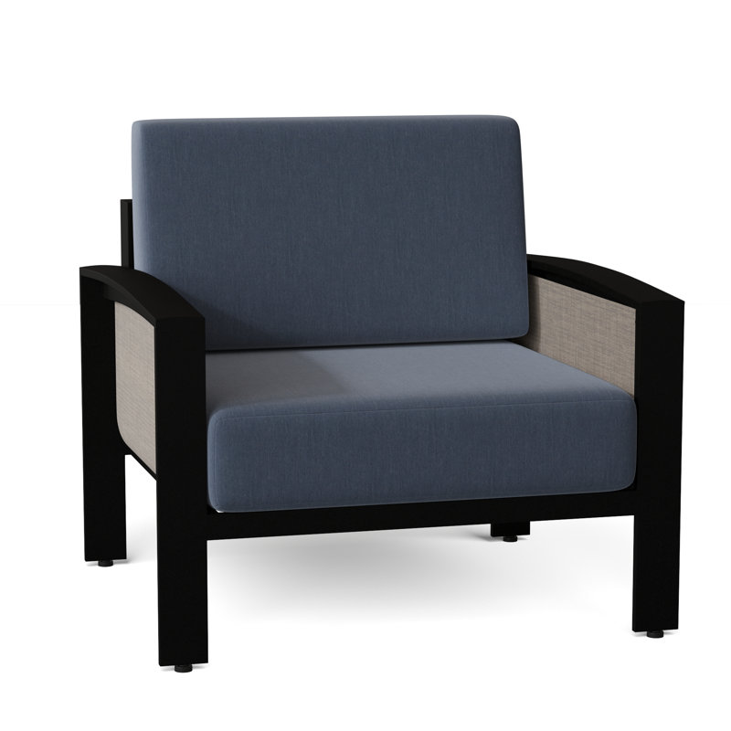 Metropolis Outdoor Lounge Chair, Spectrum Denim Sunbrella® Plainweave, Augustine Gravel, Textured Black