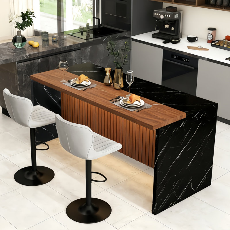 63" Modern Kitchen Island With Marble-Look Surface - LED Lights, Grille Design, Dining & Living Room Island, Walnut/Black