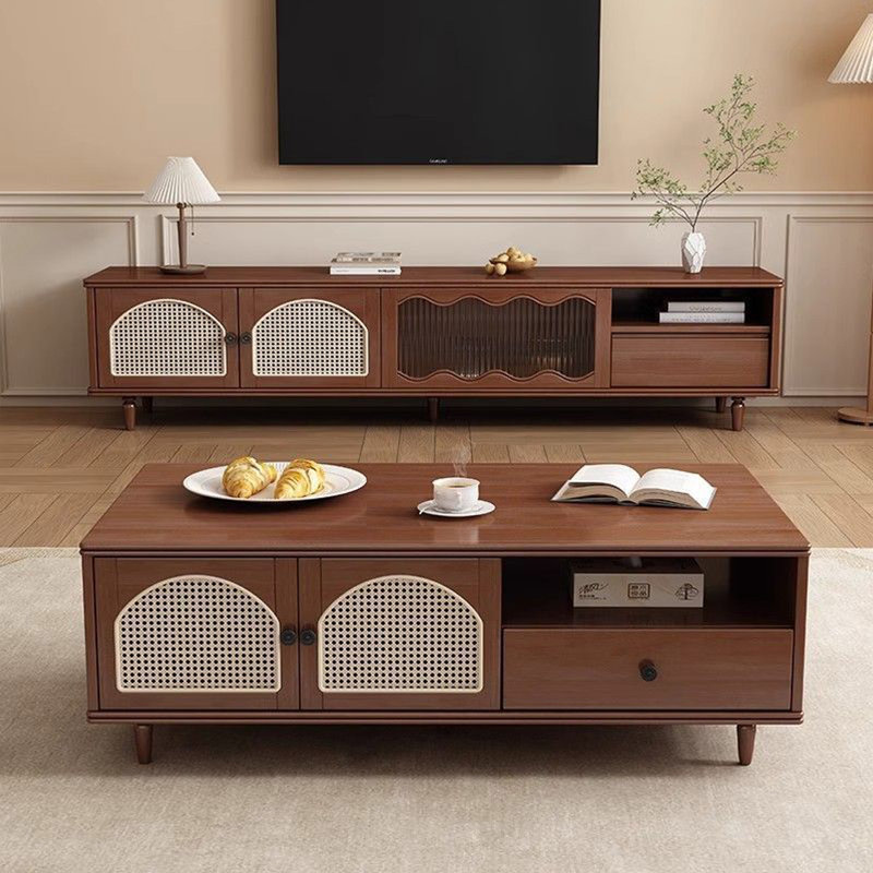 Table basse avec porte en rotin rétro français, Brun