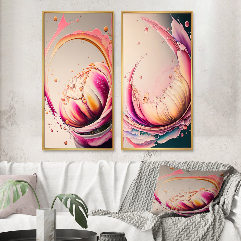 "Multicolor liquide encre tulipe fleurs IV" 2 - pièces sur toile, Encadrement doré, H 40 po x l 40 po