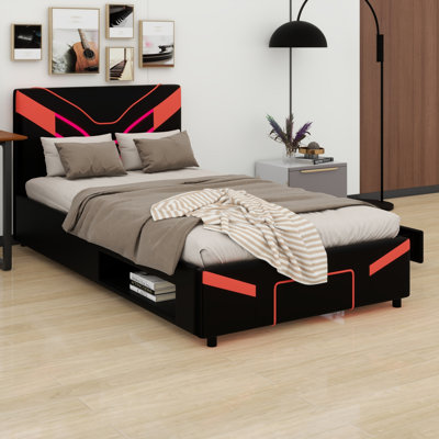 Luxury Upholstered Platform Bed with Integrated Storage Drawers and LED