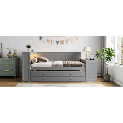 Lit de jour gris avec rangement, tiroirs et bureau intégré en bois de pin massif + pour une chambre à coucher fonctionnelle
