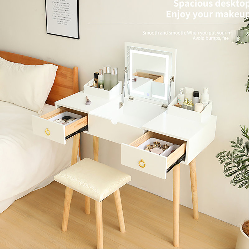Bureau et miroir de coiffeuse doré et blanc avec DEL - 3 modes, tiroirs et armoire de rangement, pour la salle de bain de la chambre à coucher, stable, excellent maquillage éclairé or + blanc, miroir modes, armoire, organisateur des essentiels de beauté,
