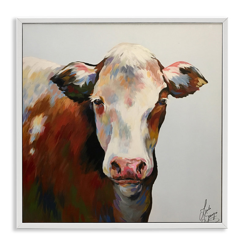 Vache Bessie, H 24 po x l 24 po, Estampe numérique encadrée blanc bord de mer