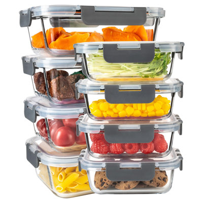 Glass Meal Prep Containers With Airtight Lids, Food Storage Bento Boxes, Dishwasher Safe, 8 Pcs, (Grey)