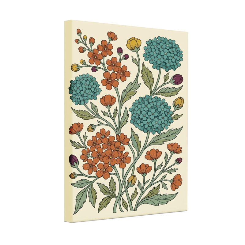 Motif floral de plantes et de fleurs avec des fleurs orange et bleu sarcelle, H 24 po x l 16 po