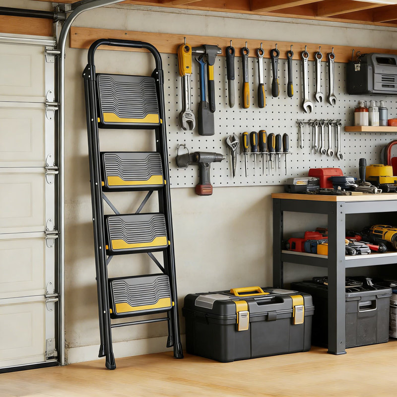 Échelle robuste à 4 marches avec capacité de 800 lb, larges marches antidérapantes et main courante sécurisée, escabeau pliant compact pour la maison, la cuisine, le bureau et les projets de bricolage