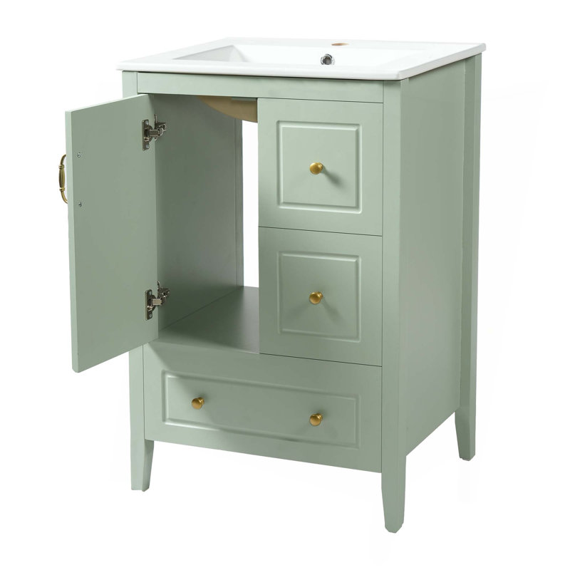Meuble-lavabo 24 po avec lavabo, une armoire avec porte à fermeture douce, 3 tiroirs à fermeture douce, poignées en métal rétro