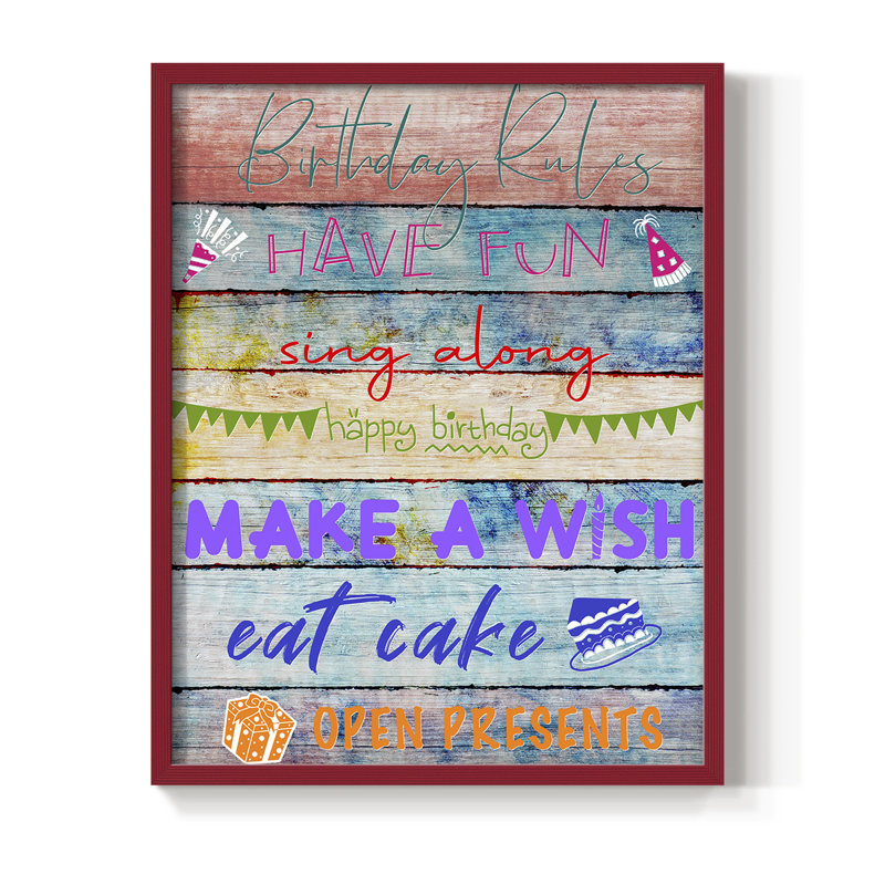 Birthday Rules Framed Print - Solid Wood, Red, 10" H x 8" W