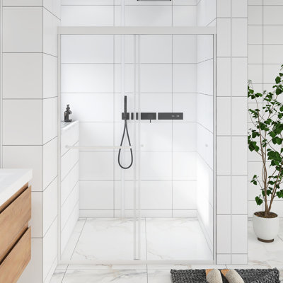 48 po Double porte de douche coulissante encadrée au fini nickel brossé avec verre transparent