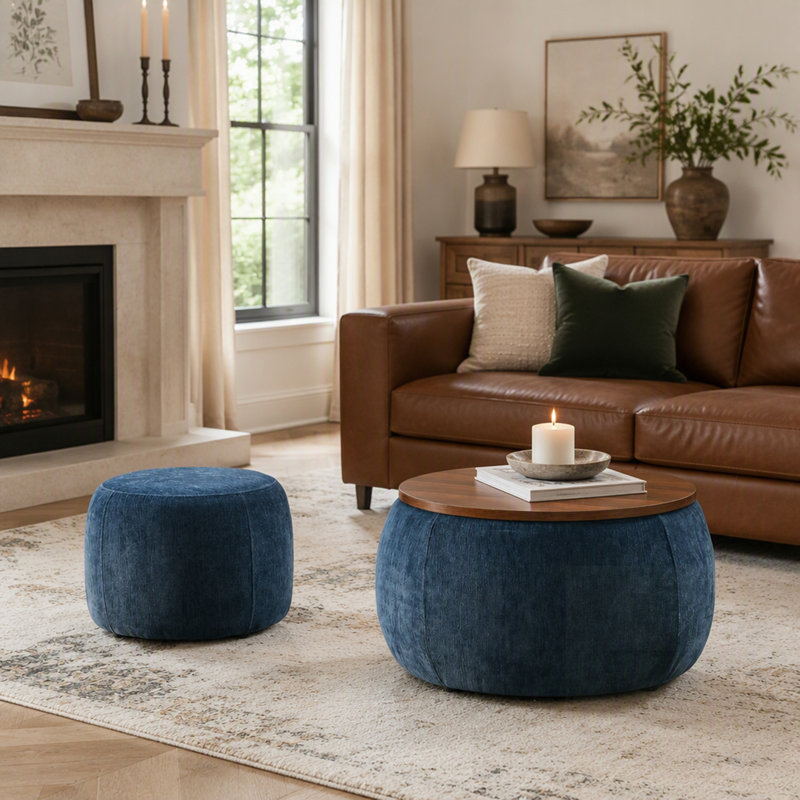 Repose-pieds rond avec rangement 2 en 1, bleu foncé, idéal pour la décoration intérieure et polyvalent comme table de bout et siège