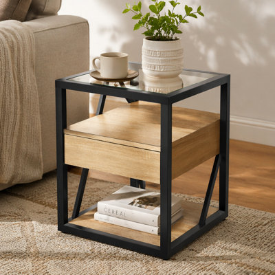 Ensemble de 2 tables de bout modernes avec tiroir - Table de chevet pour chambre à coucher et salon, panneau de fibres à densité moyenne en bois naturel et plateau en verre trempé, table d'appoint de style industriel