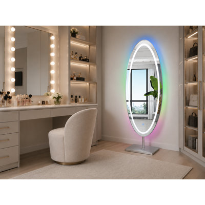 Illuminaire 70.8" X 31.4" Full-length Rgb Led Floor Mirror With Bluetooth Speaker, Swivel Stand & Backlit Design In Silver