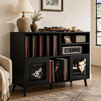 Record Player Stand with Vinyl Storage and Charging Station, 47.2-Inch Vintage Black Cabinet with Sliding Doors