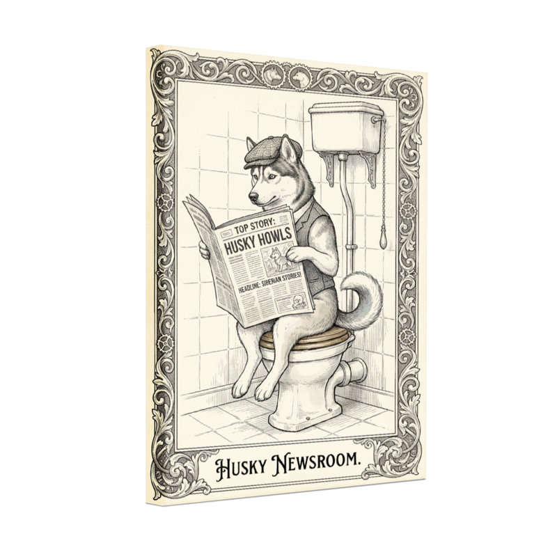 Bath & Laundry Husky lisant un journal sur une toilette