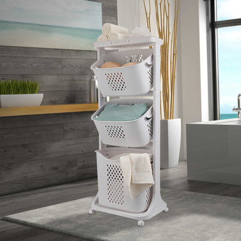White 3-Tier Plastic Rolling Laundry Hamper with Wheels