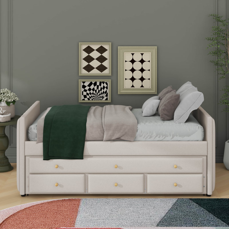 Lit de jour simple tapissier avec couchette et tiroirs, Beige