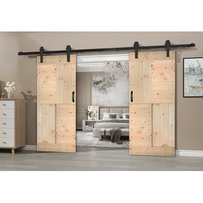 Porte de grange coulissante double en bois massif avec trousse de quincaillerie brevetée S Series - assemblage requis