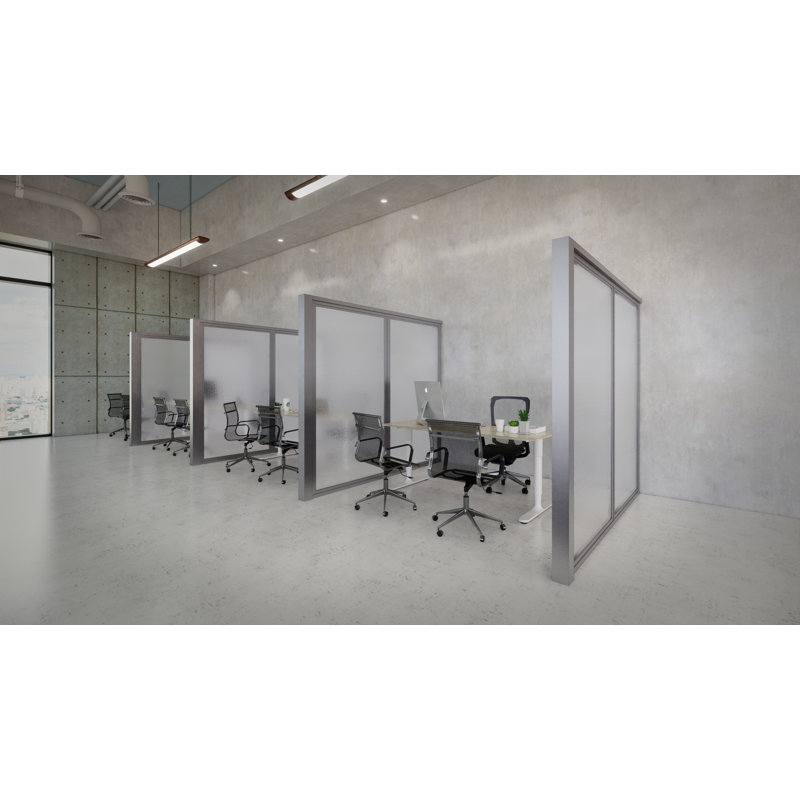 2 Panel Glass Stationary Fixed Office Partition Kit, Clear Glass, Silver